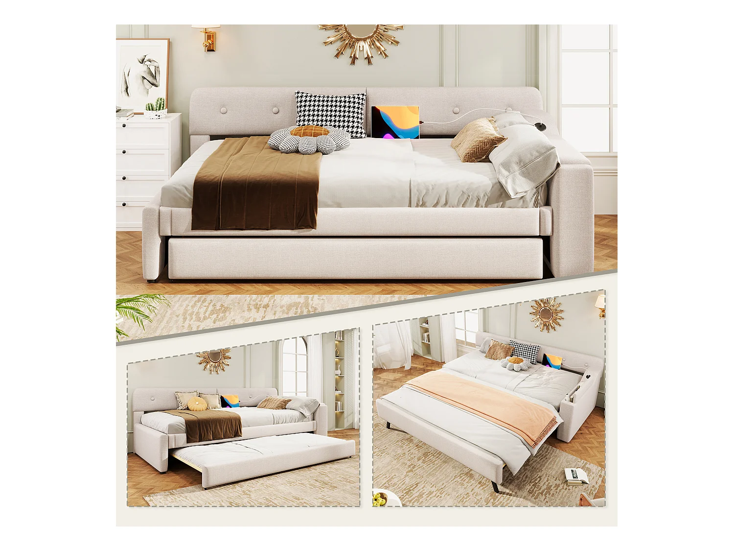 Canapé-lit 90x200cm in tela beige con gigogne illuminato e porte USB/Type-C