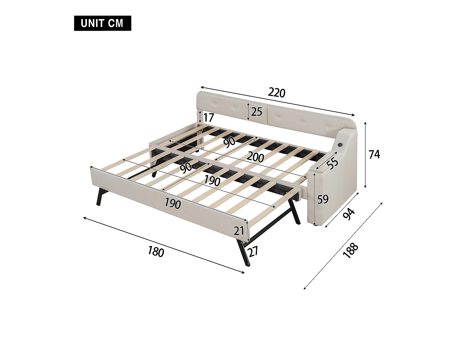 Canapé-lit 90x200cm in tela beige con gigogne illuminato e porte USB/Type-C