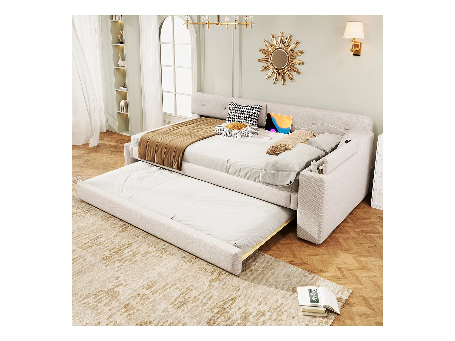 Canapé-lit 90x200cm in tela beige con gigogne illuminato e porte USB/Type-C