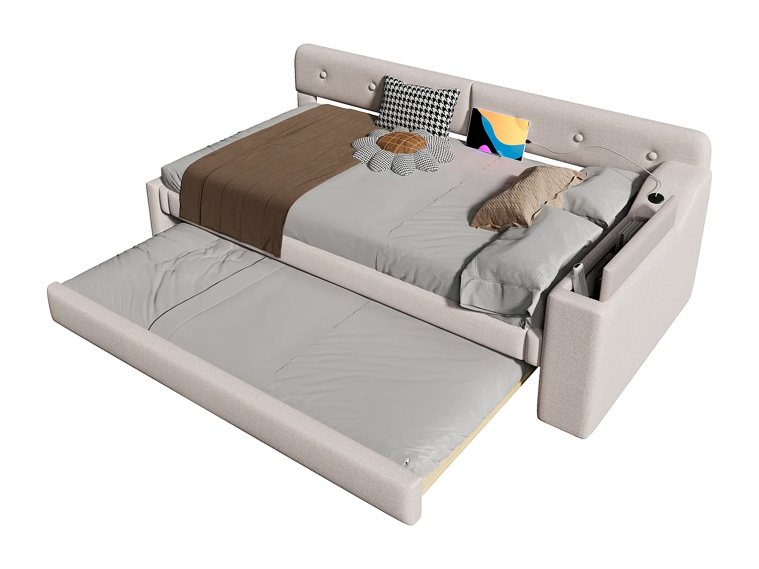 Canapé-lit 90x200cm in tela beige con gigogne illuminato e porte USB/Type-C