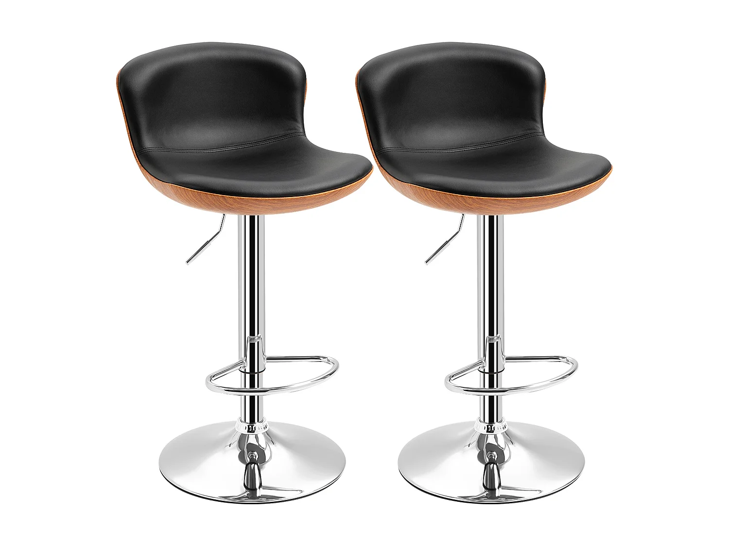 Conjunto de 2 bancos altos giratórios ajustáveis em couro sintético com encosto e apoio para os pés em preto 46x53,5x85-106 cm