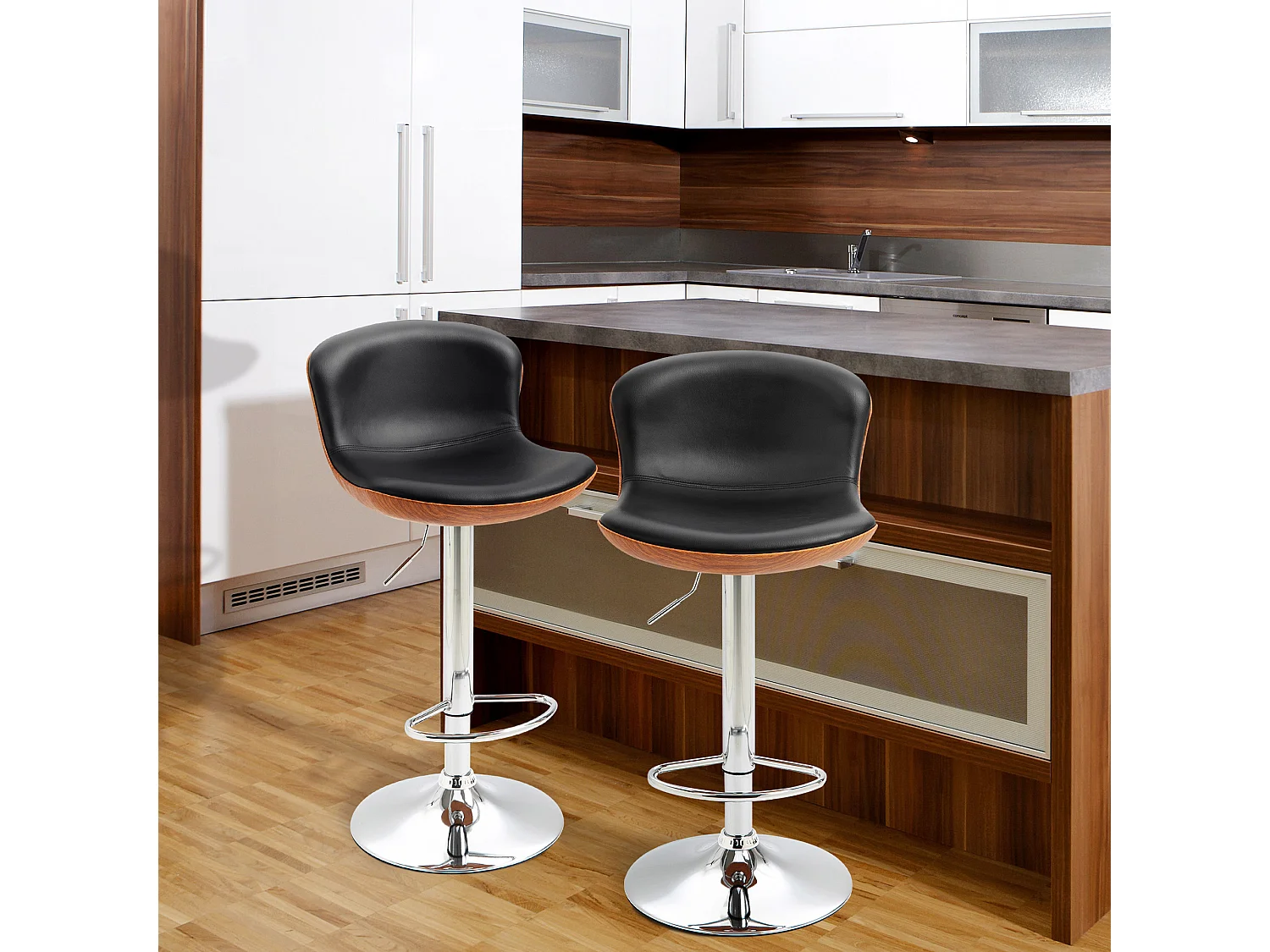 Conjunto de 2 bancos altos giratórios ajustáveis em couro sintético com encosto e apoio para os pés em preto 46x53,5x85-106 cm