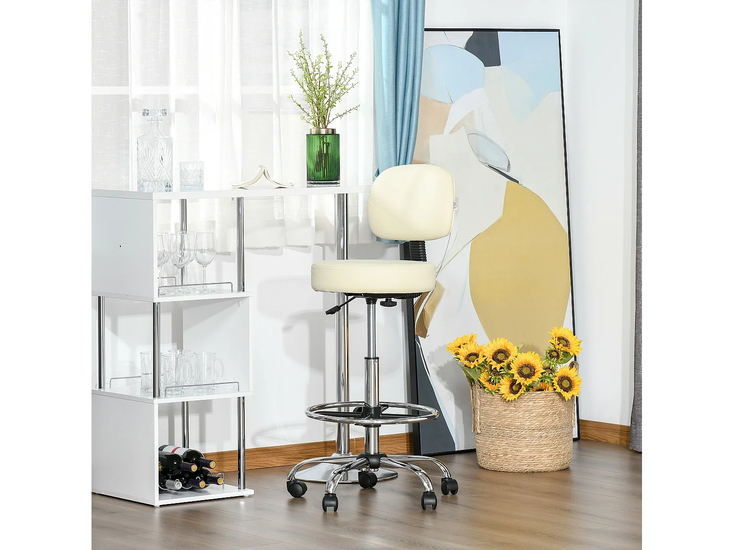 Taburete de bar giratorio ajustable de piel sintética con respaldo y ruedas para barra de cocina, color beige, 56 x 57 x 104-127 cm