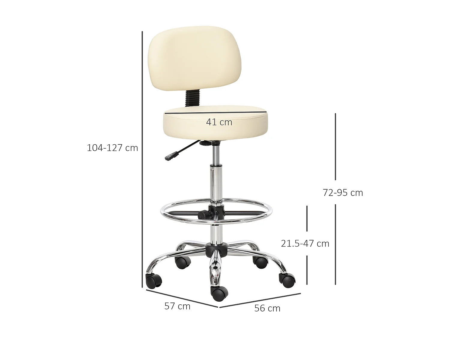 Taburete de bar giratorio ajustable de piel sintética con respaldo y ruedas para barra de cocina, color beige, 56 x 57 x 104-127 cm