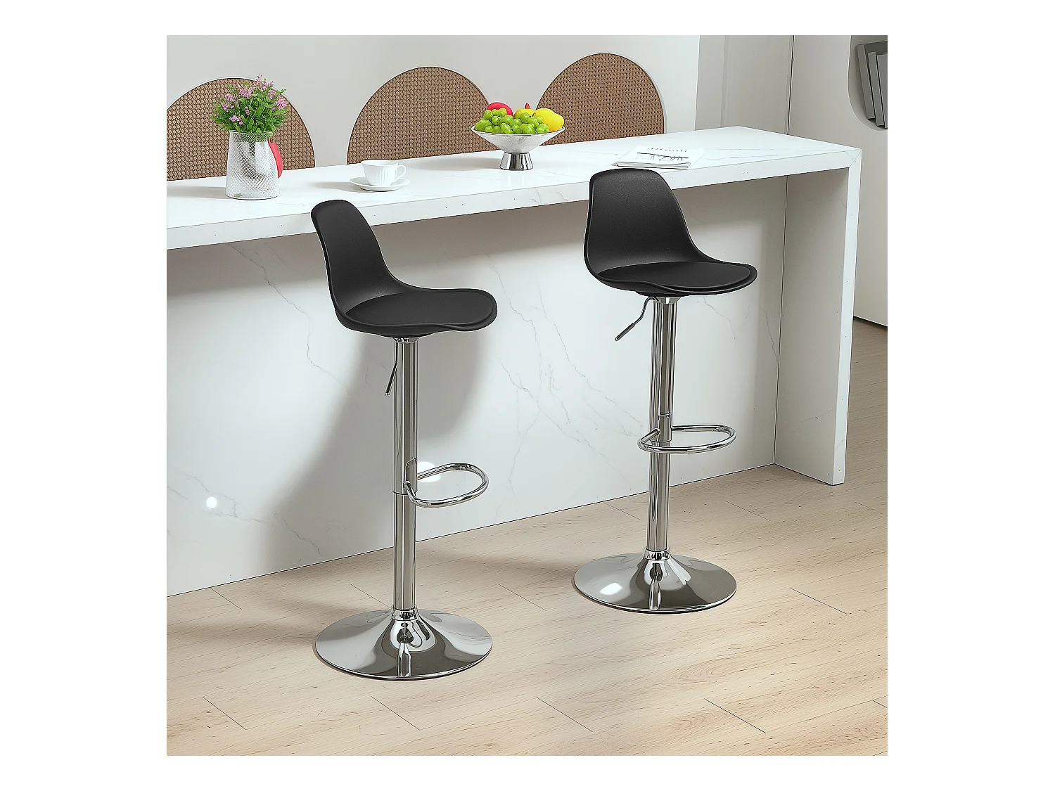 Conjunto de 2 bancos altos ajustáveis em couro sintético preto com encosto e pernas de aço para cozinha e sala de estar, 42 x 38 x 104 cm