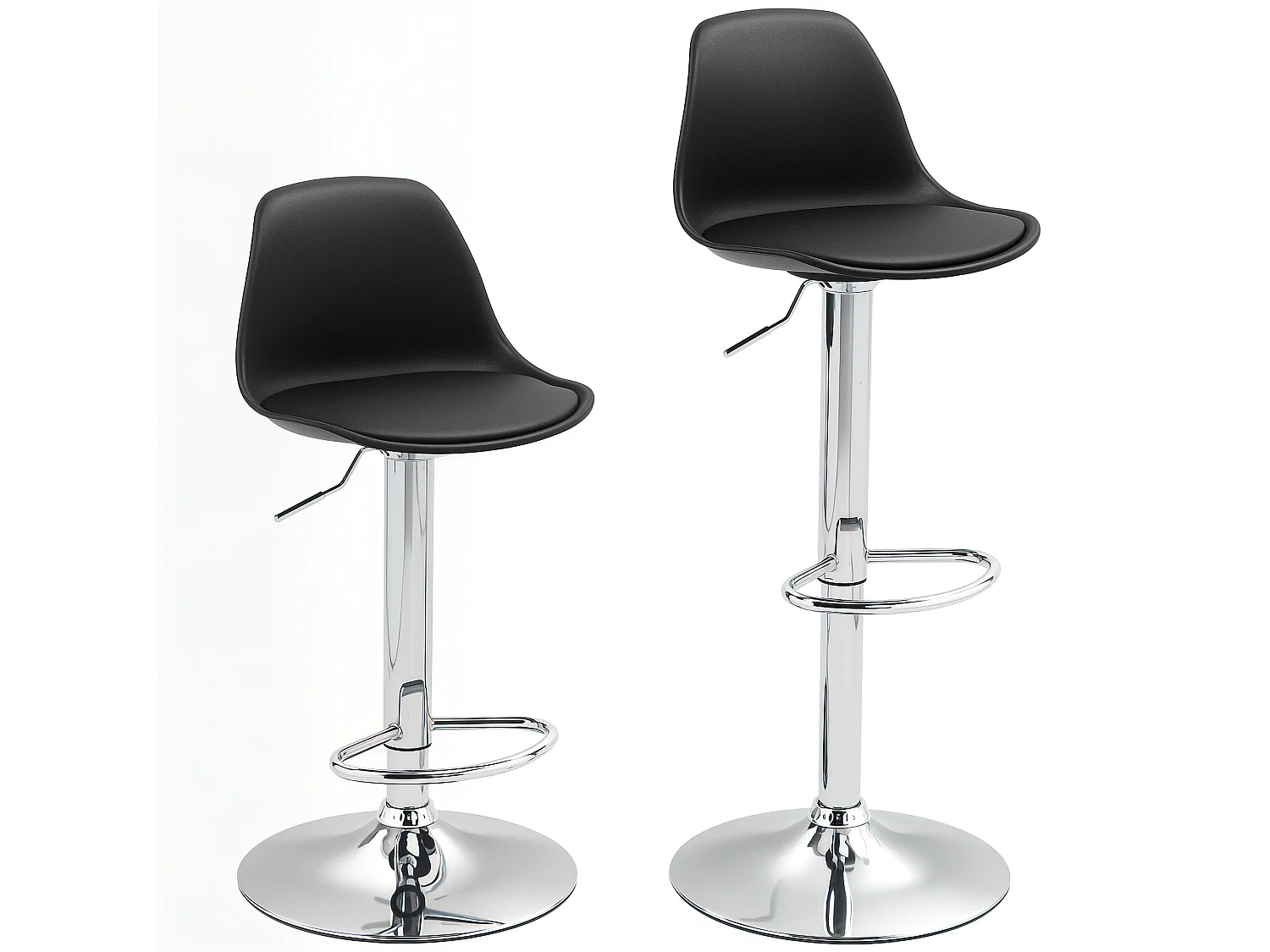 Conjunto de 2 bancos altos ajustáveis em couro sintético preto com encosto e pernas de aço para cozinha e sala de estar, 42 x 38 x 104 cm