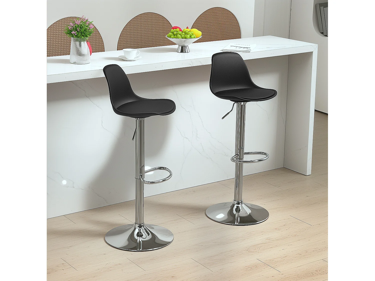 Conjunto de 2 bancos altos ajustáveis em couro sintético preto com encosto e pernas de aço para cozinha e sala de estar, 42 x 38 x 104 cm