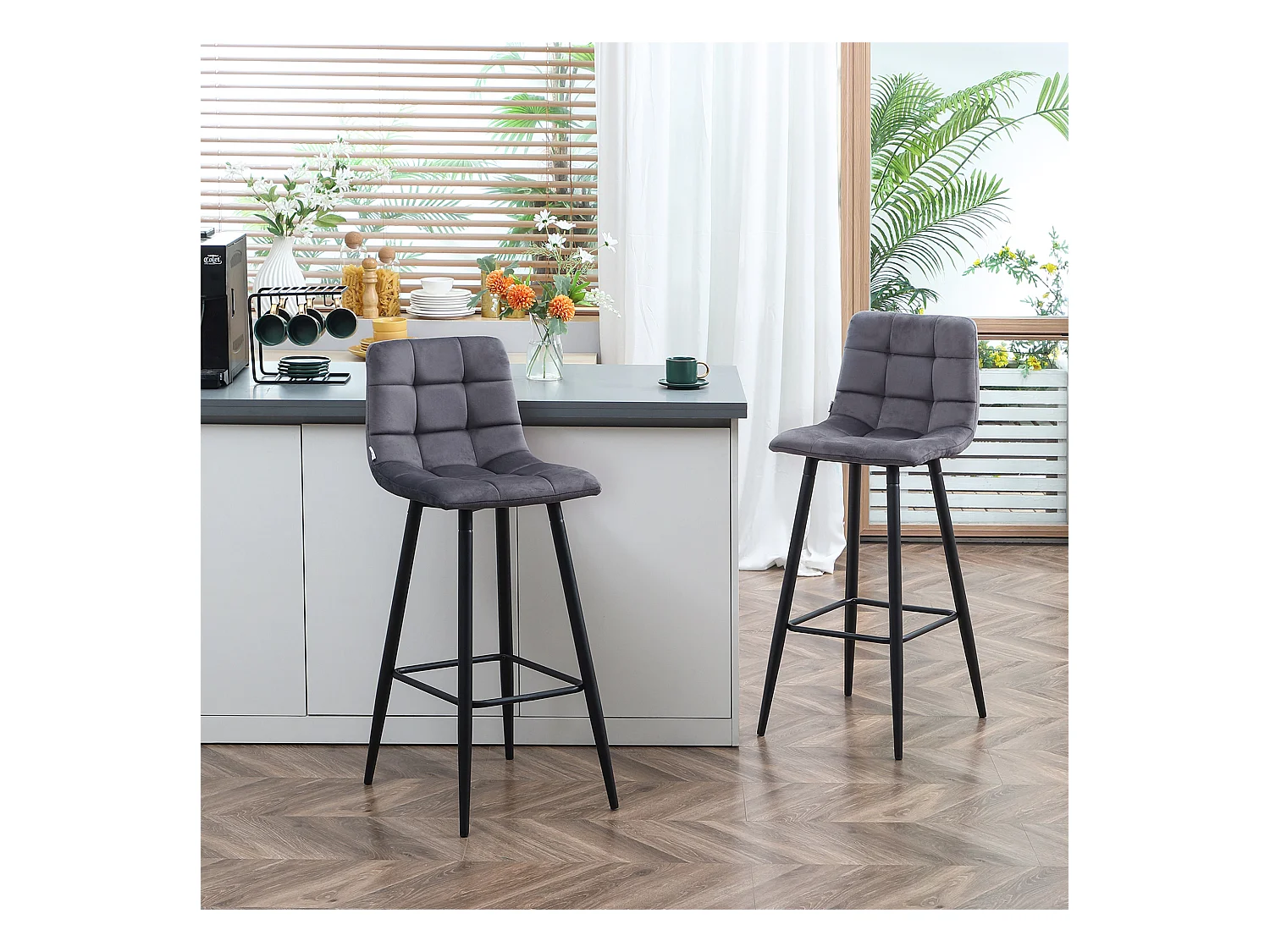 2 bancos altos de veludo com encosto e pernas de metal 105 cm design moderno para cozinha cinza