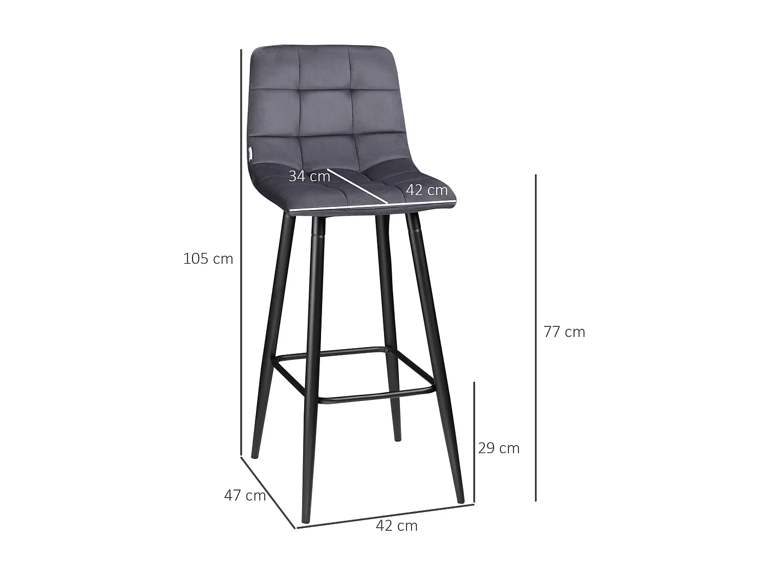 2 taburetes de bar de terciopelo con respaldo y patas de metal de 105 cm, diseño moderno para cocina en gris