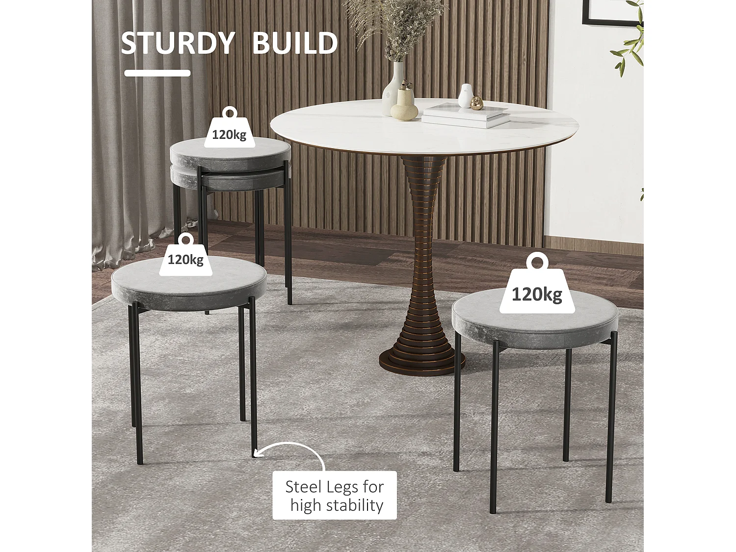 Tabouret cuisine lot de 4 empilable métal gris assise velours rembourrée moderne pour salle à manger