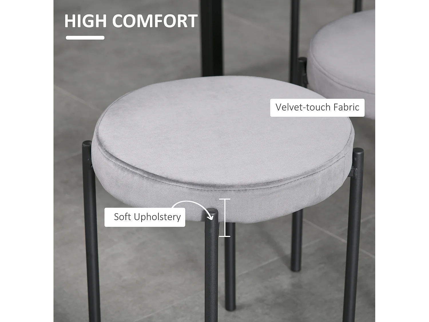 Tabouret cuisine lot de 4 empilable métal gris assise velours rembourrée moderne pour salle à manger
