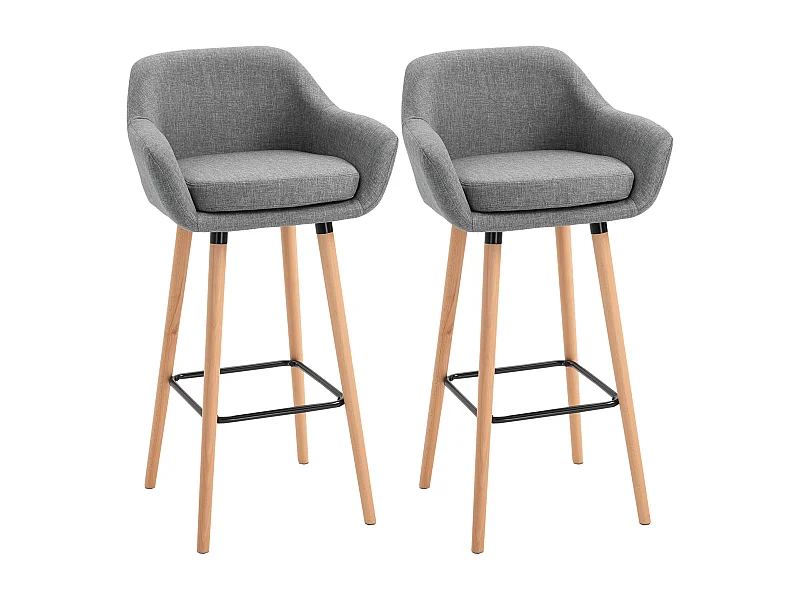 Lotto 2 tabourets de bar en lin avec coussin assise pieds bois hauteur 100 cm gris pour Cuisine bar