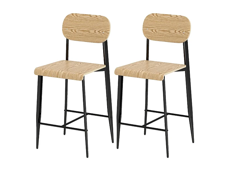Conjunto de 2 bancos altos de metal em madeira natural, design industrial, altura 66 cm, cozinha preta