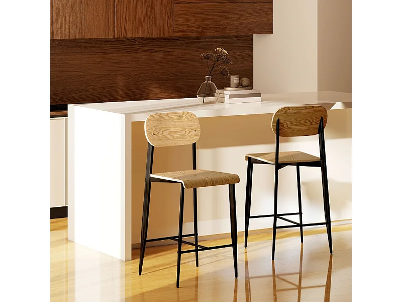 Lotto 2 tabourets bar métal bois naturel design industriel hauteur 66 cm kitchen noir