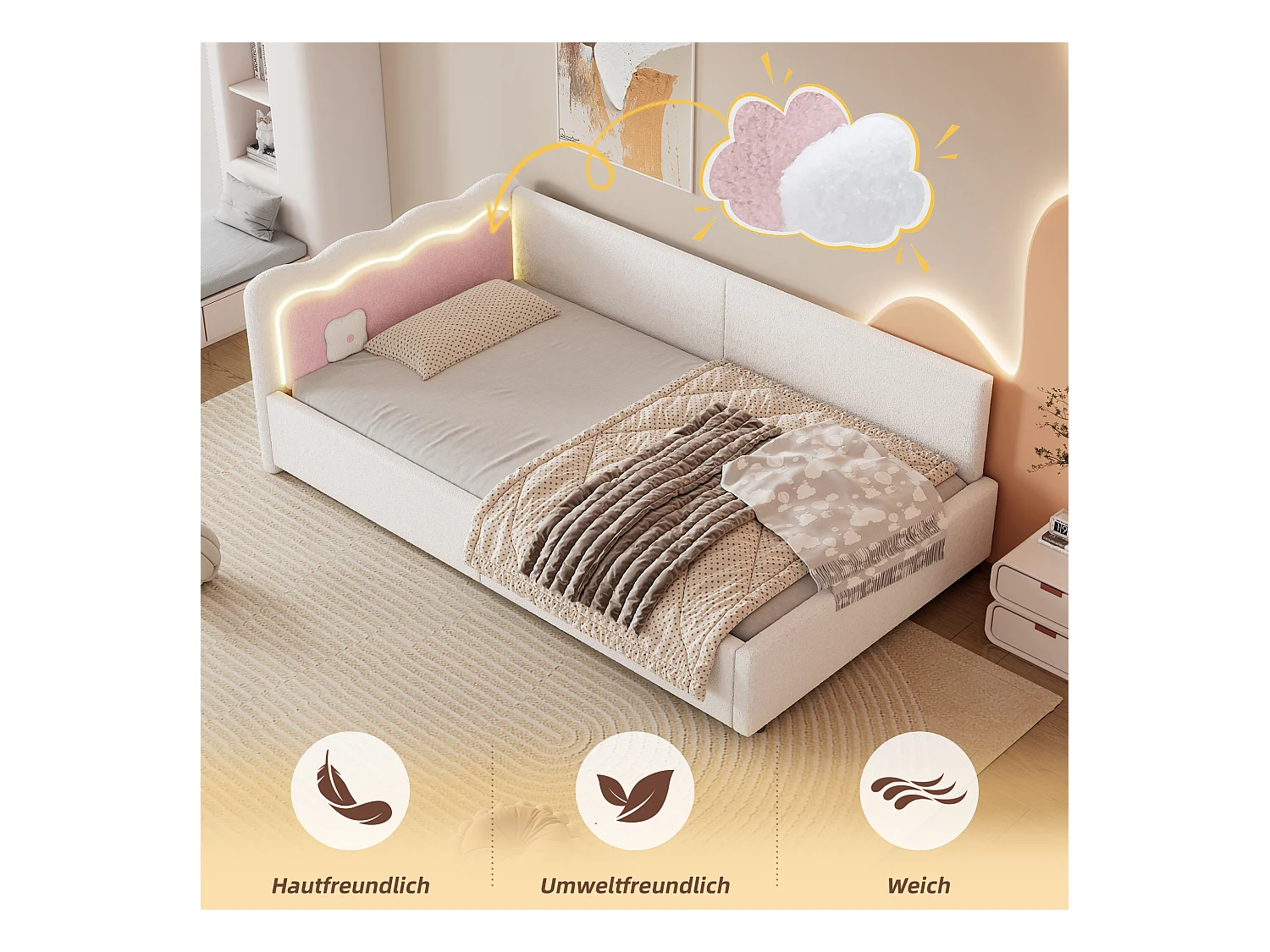 Sofá-cama branco 90x200 cm com LED e estofamento em veludo para quarto