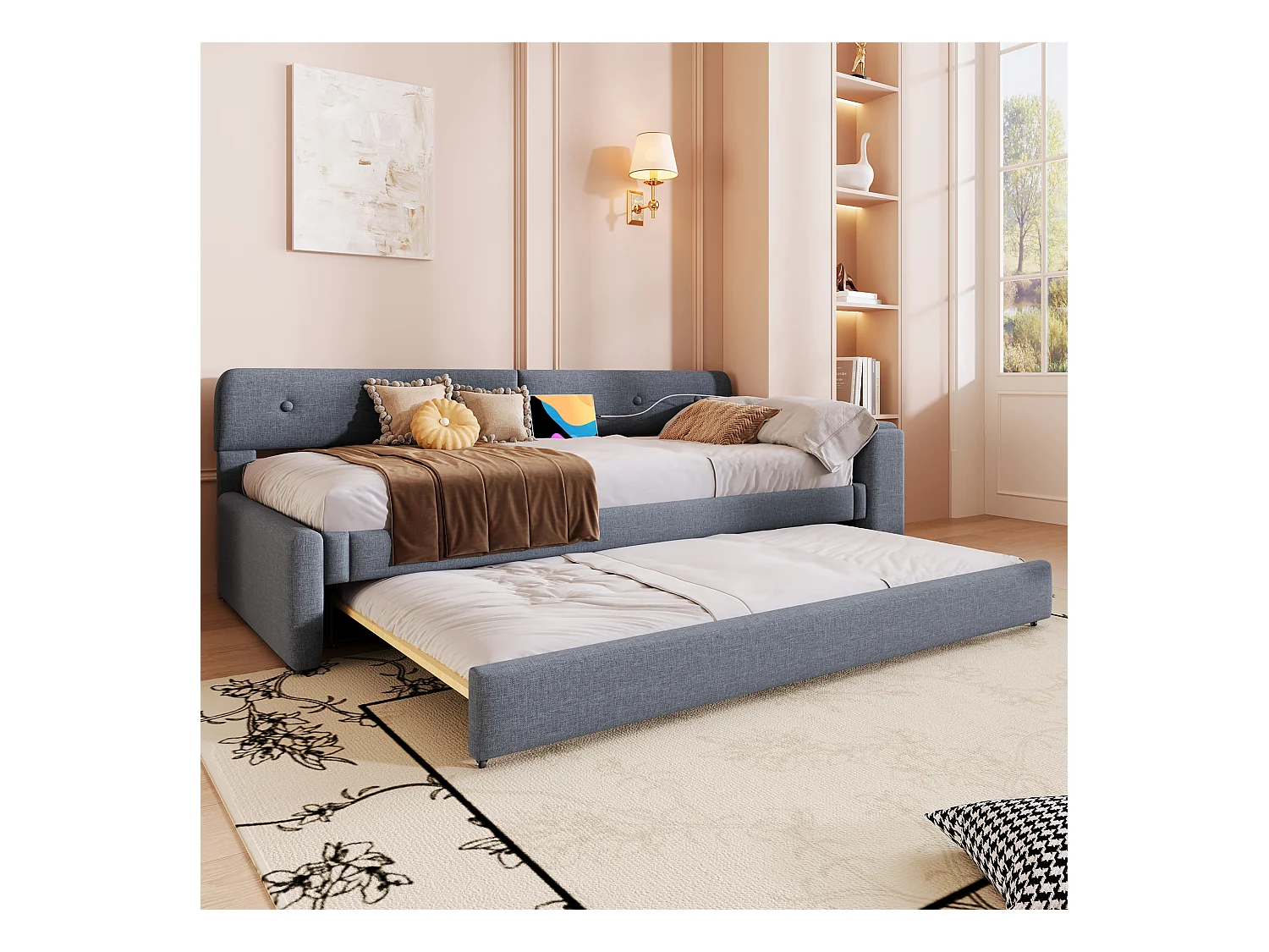 Canapé-lit 90x200cm in lino grigio con gigogne illuminato e porte USB/Type-C