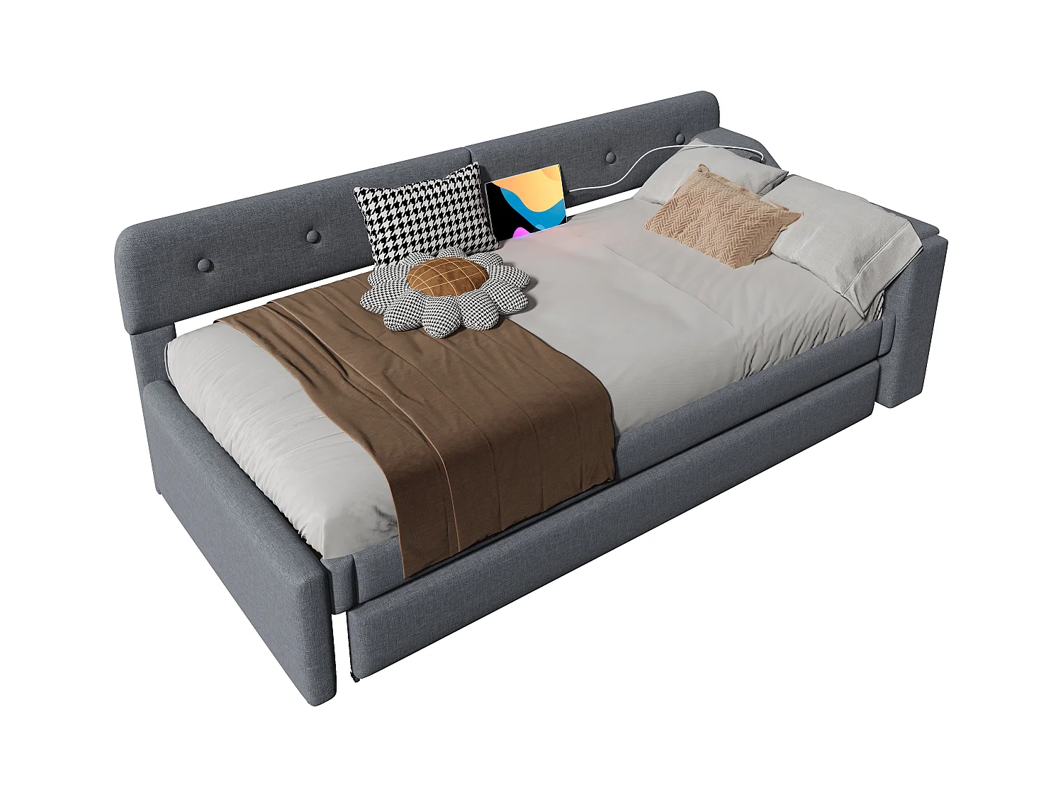 Canapé-lit 90x200cm in lino grigio con gigogne illuminato e porte USB/Type-C