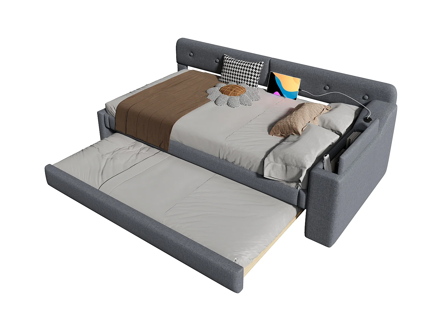 Canapé-lit 90x200cm in lino grigio con gigogne illuminato e porte USB/Type-C