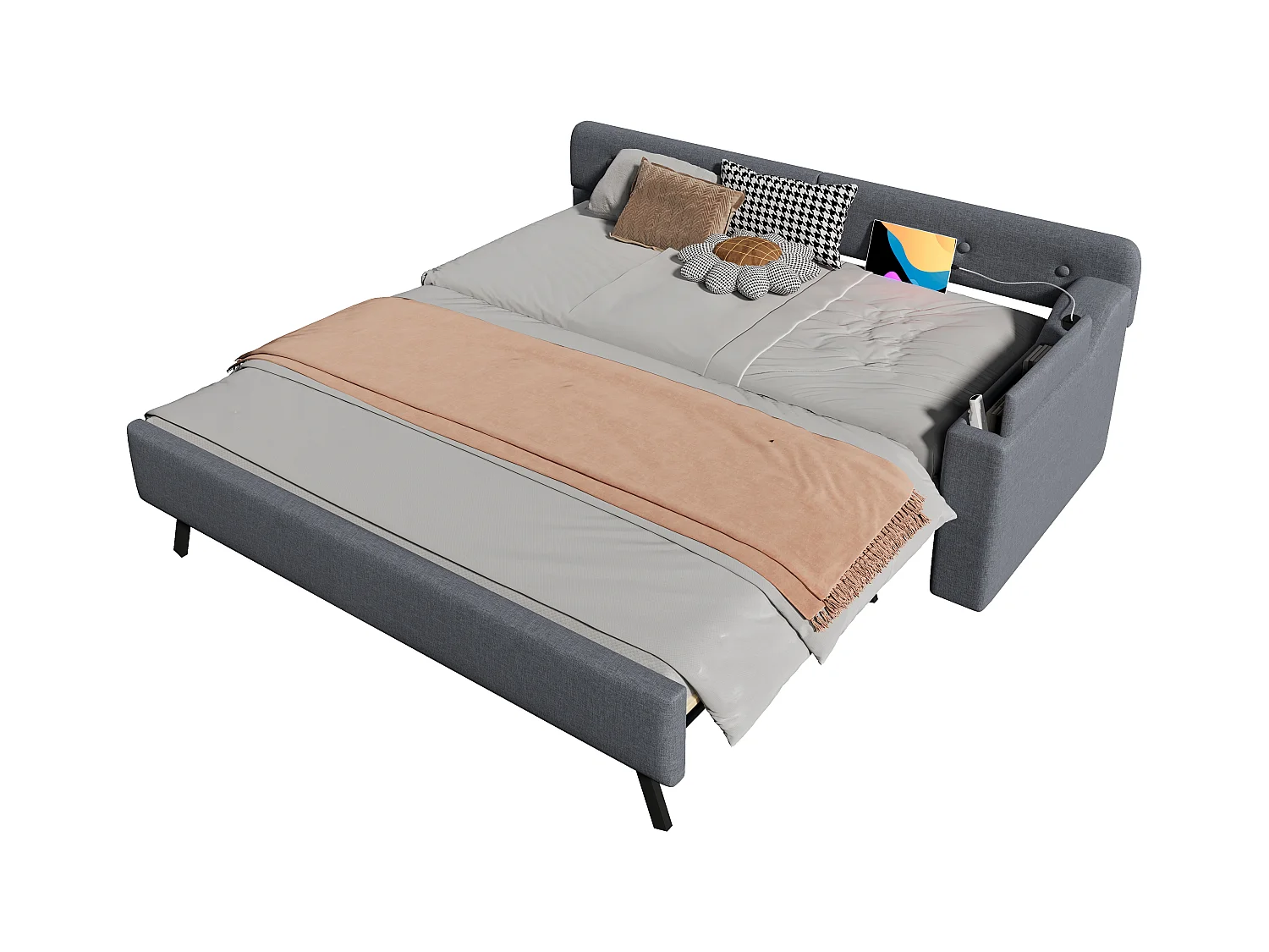 Canapé-lit 90x200cm in lino grigio con gigogne illuminato e porte USB/Type-C