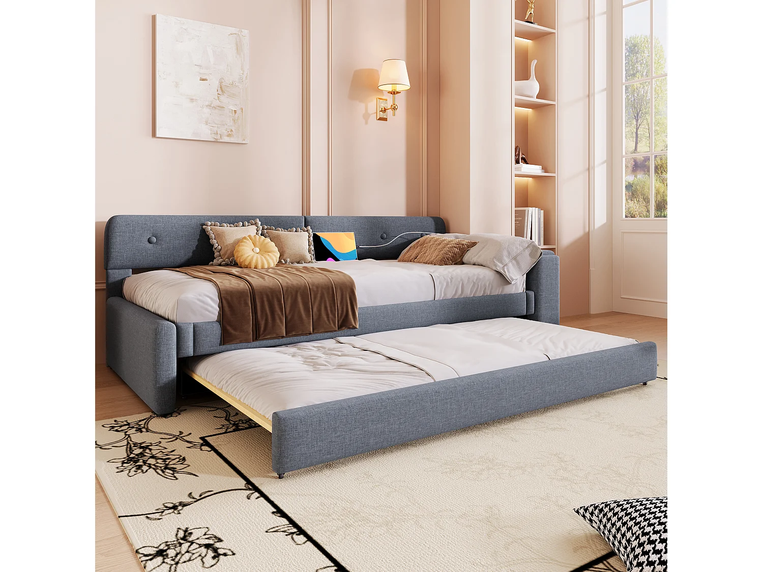 Sofá cama de lino gris de 90 x 200 cm con cama nido y puertos USB/Tipo C