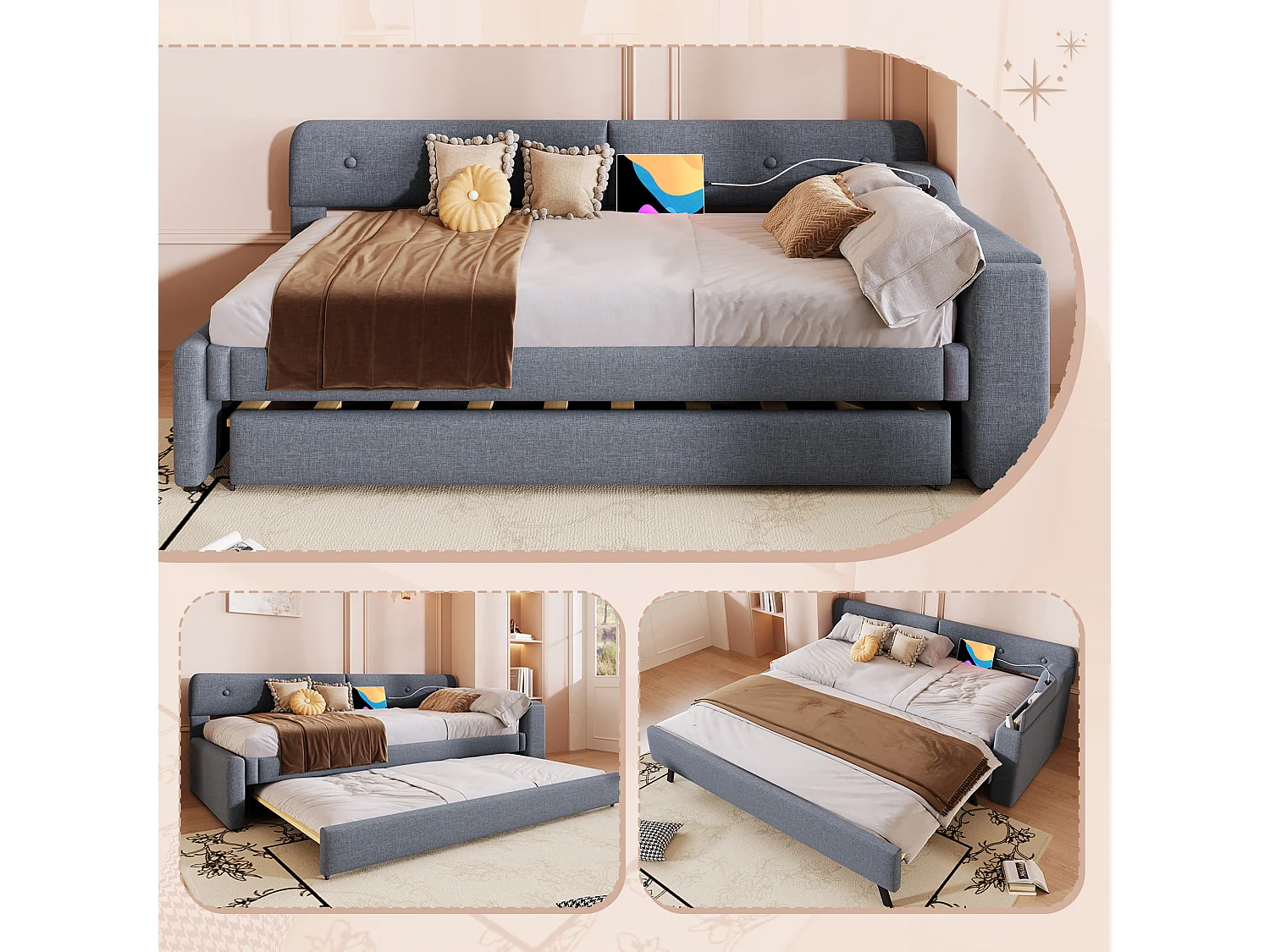 Sofá cama de lino gris de 90 x 200 cm con cama nido y puertos USB/Tipo C