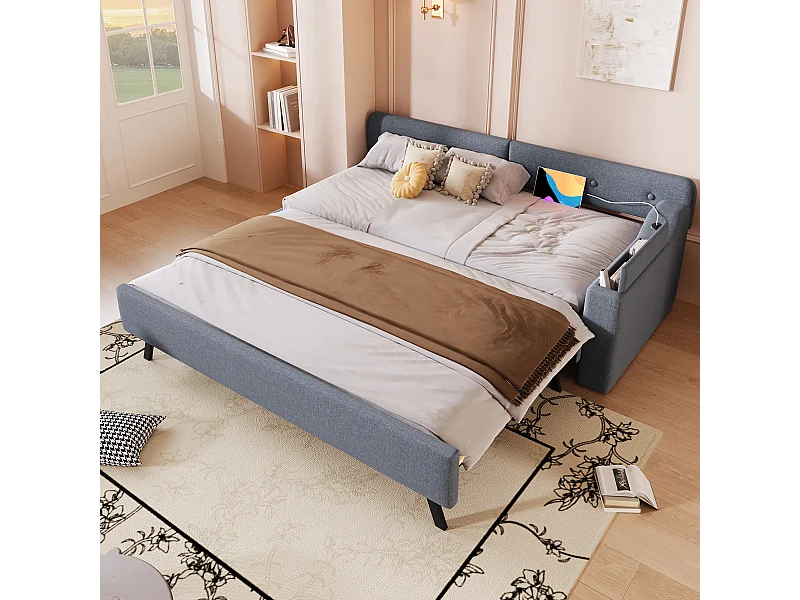Sofá-cama de linho cinza 90x200 cm com cama dobrável e portas USB/Tipo C