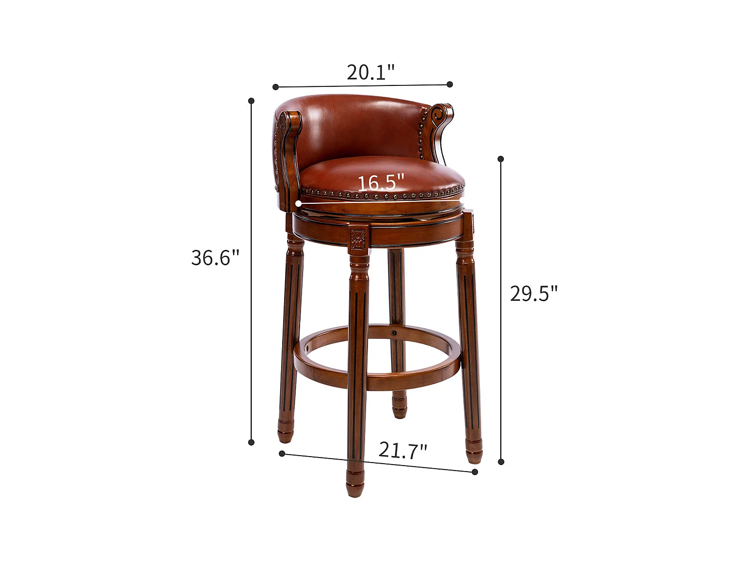 Taburete de bar de piel flor, madera maciza, giratorio 360°, altura del respaldo 66 cm, marrón