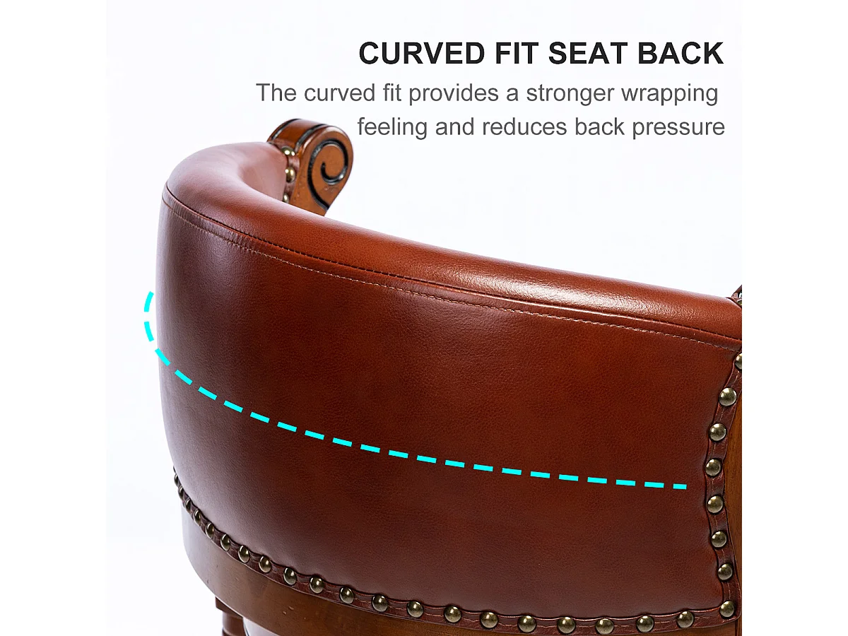 Taburete de bar de piel flor, madera maciza, giratorio 360°, altura del respaldo 66 cm, marrón