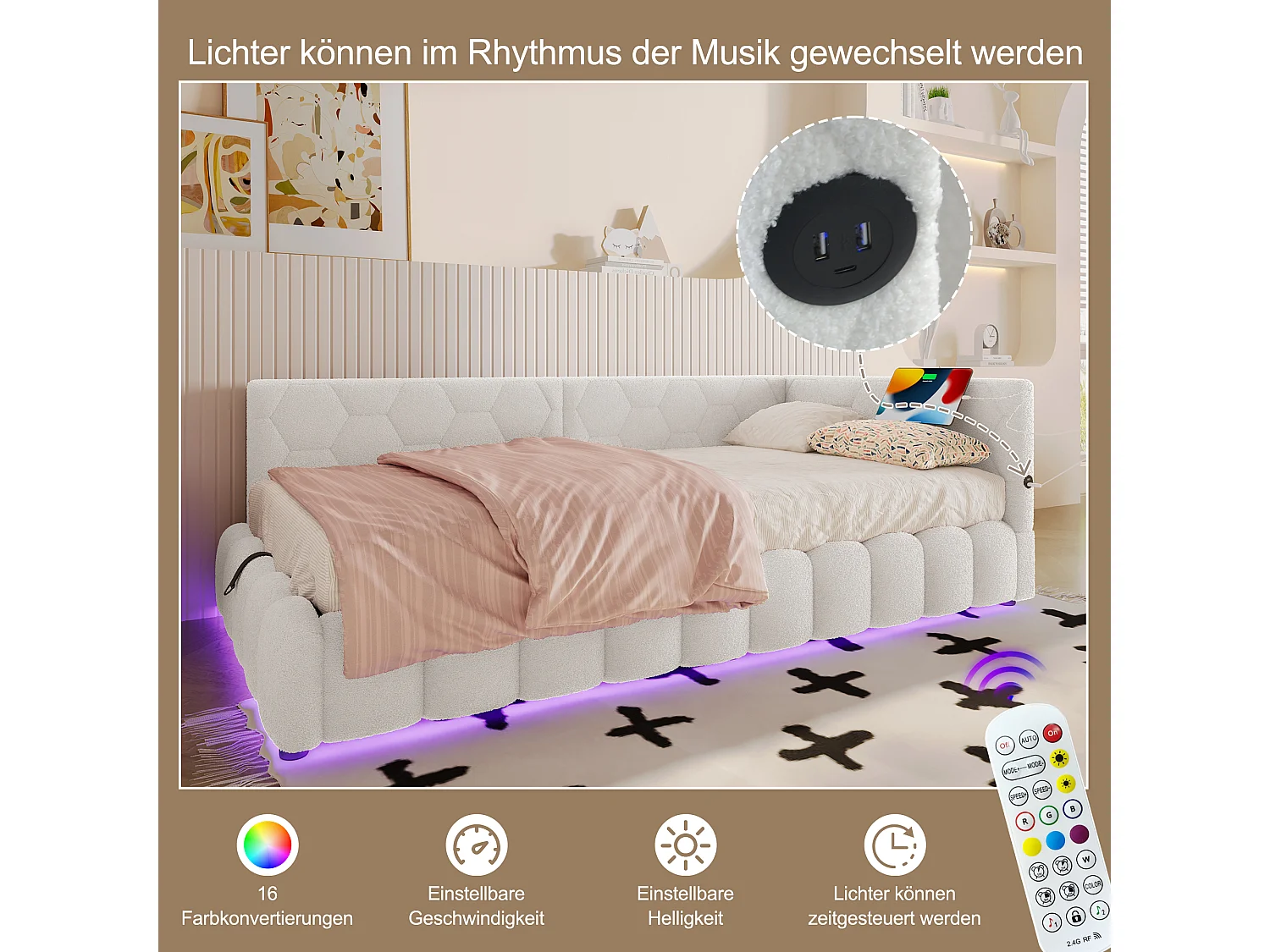 Cama de dia Vlies 90x200 cm, LED multicolorido, armazenamento hidráulico, USB/Tipo C, sofá-cama, branco