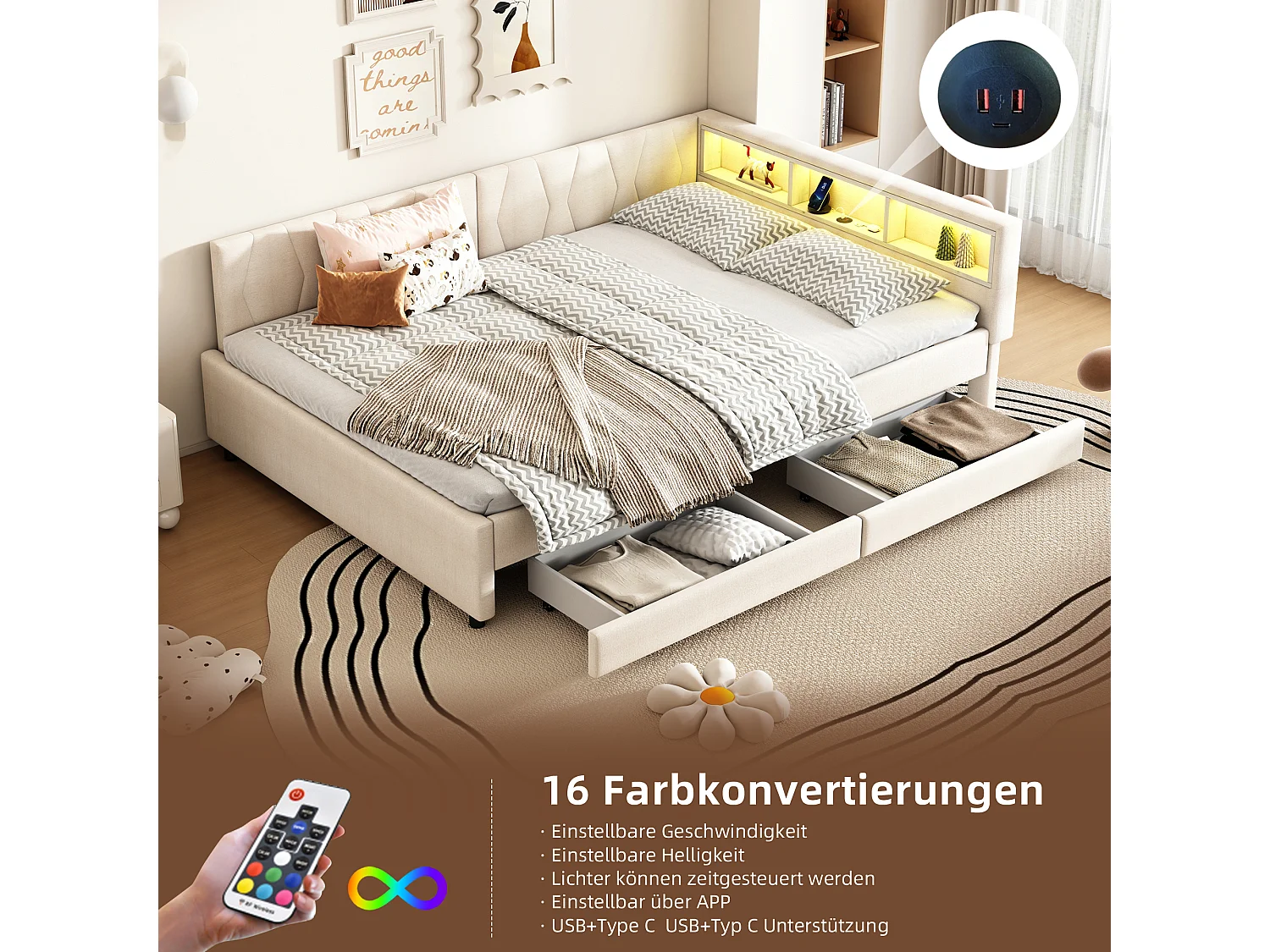 Divano illuminato 140x200 cm in fodera beige con LED telecomandato, USB/Type-C e cassettiera