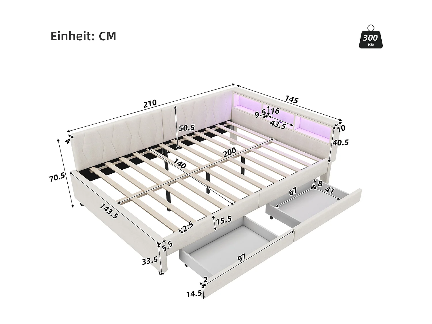 Divano illuminato 140x200 cm in fodera beige con LED telecomandato, USB/Type-C e cassettiera