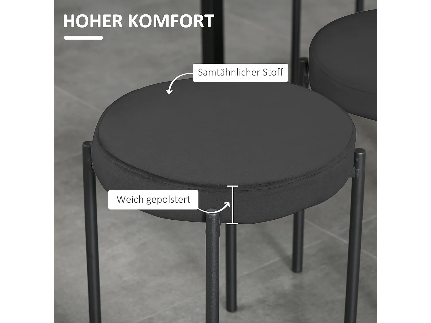 Tabouret cuisine lot de 4 empilable métal noir assise velours rembourrée moderne pour salle à manger