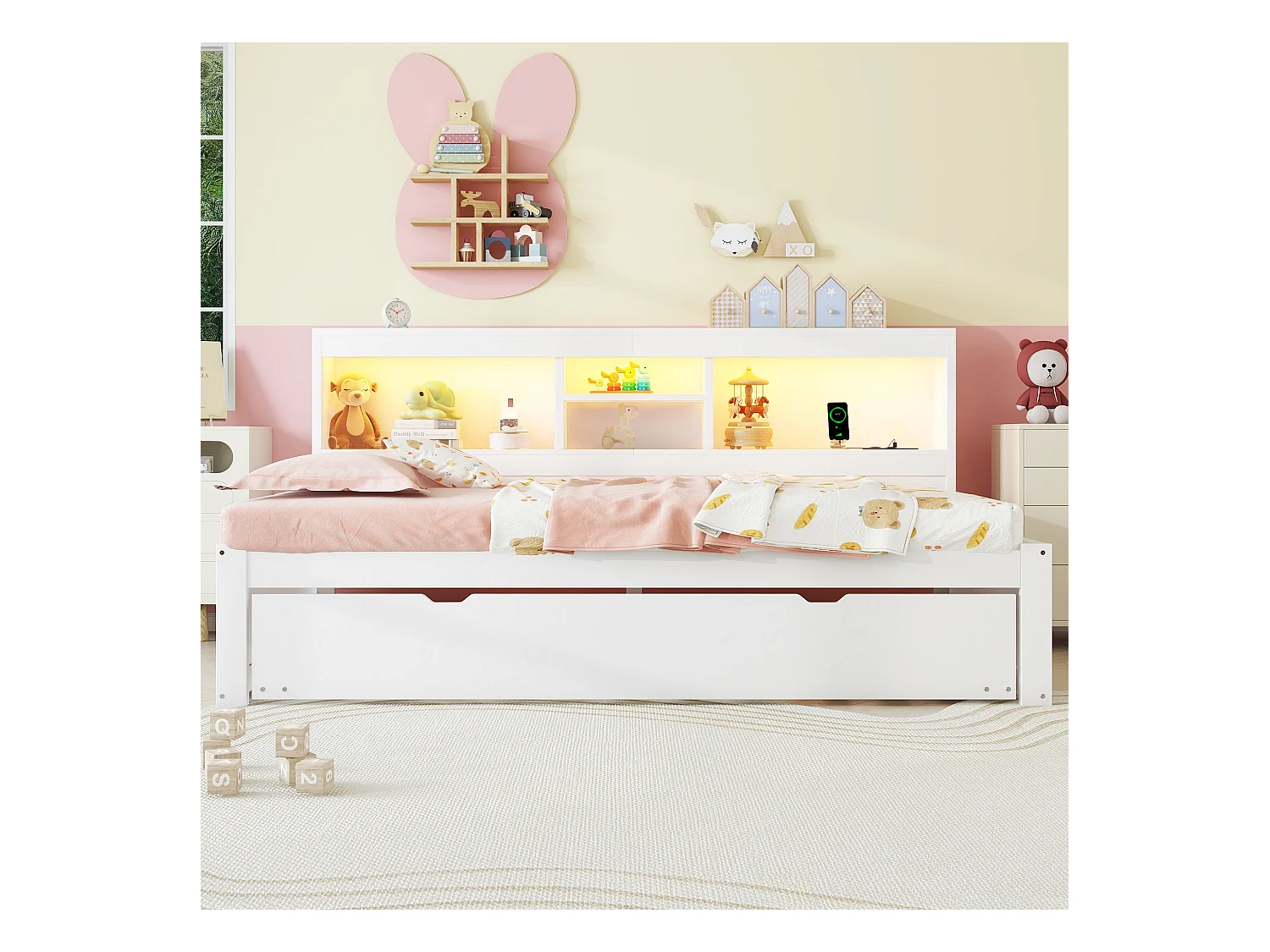 Canapé-lit 90x200 cm bianco con LED, tiroir de rangement et lit gigogne