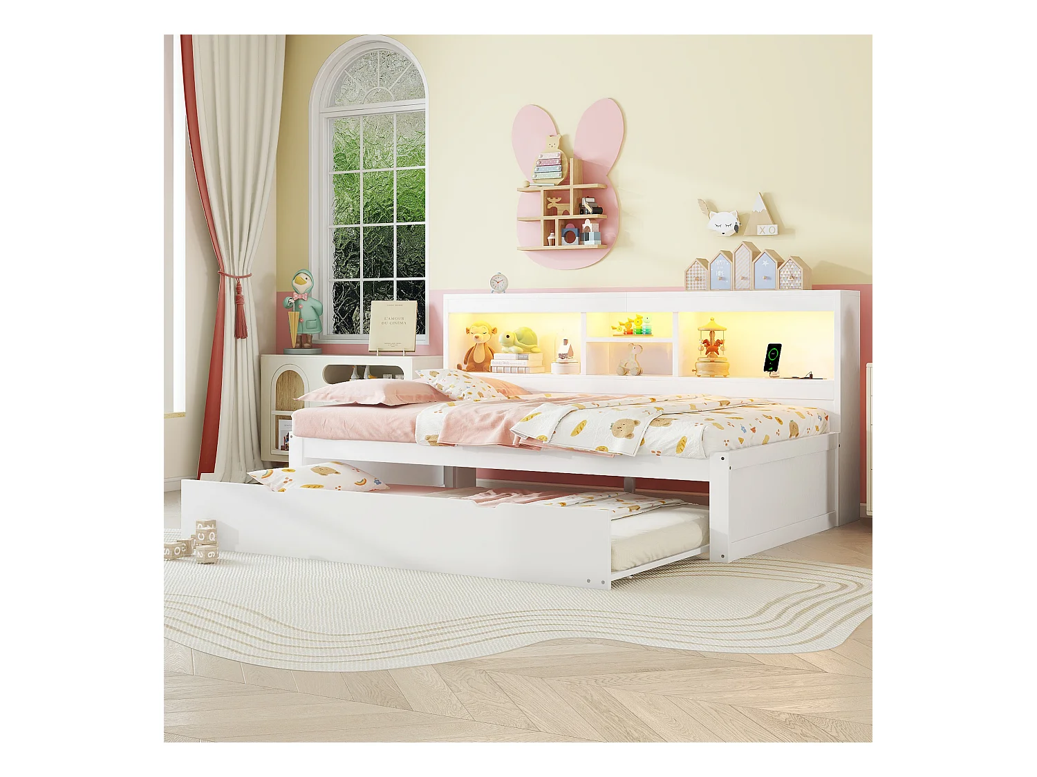 Canapé-lit 90x200 cm bianco con LED, tiroir de rangement et lit gigogne