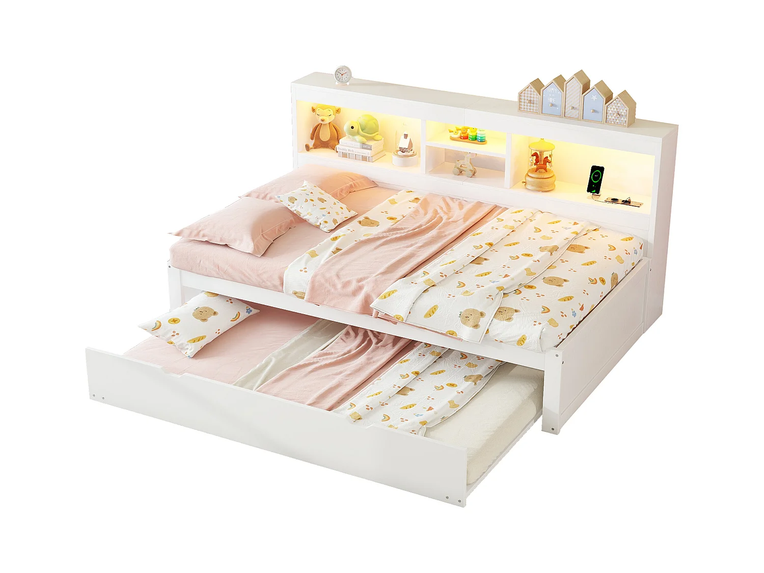 Canapé-lit 90x200 cm bianco con LED, tiroir de rangement et lit gigogne