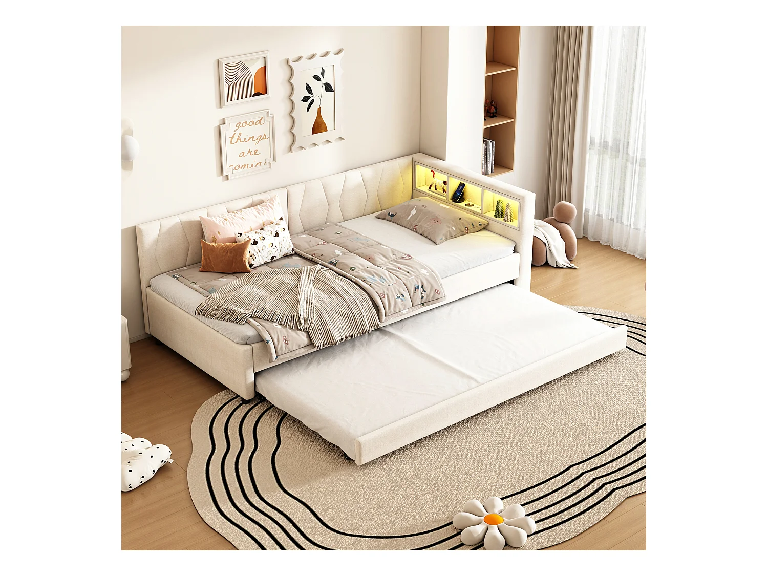 Sofá cama de lino beige de 90x200 cm con LED con mando a distancia, cajones, USB/Tipo C y cama extensible