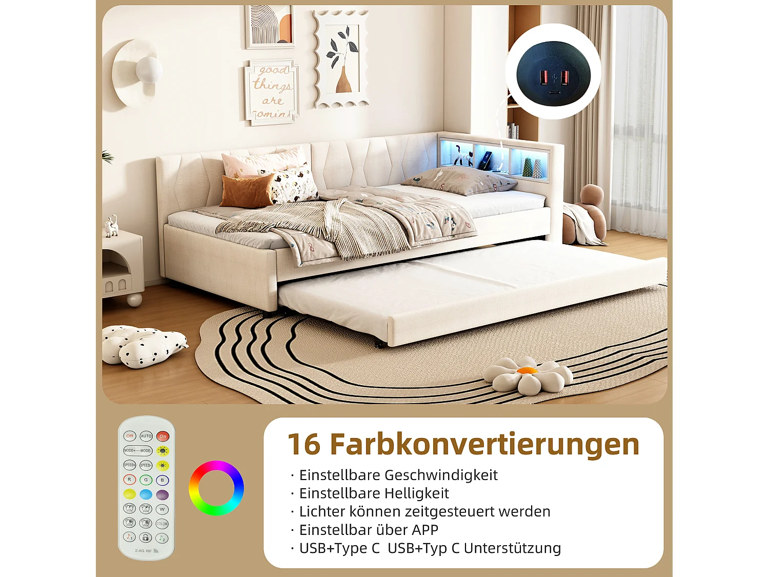 Sofá cama de lino beige de 90x200 cm con LED con mando a distancia, cajones, USB/Tipo C y cama extensible