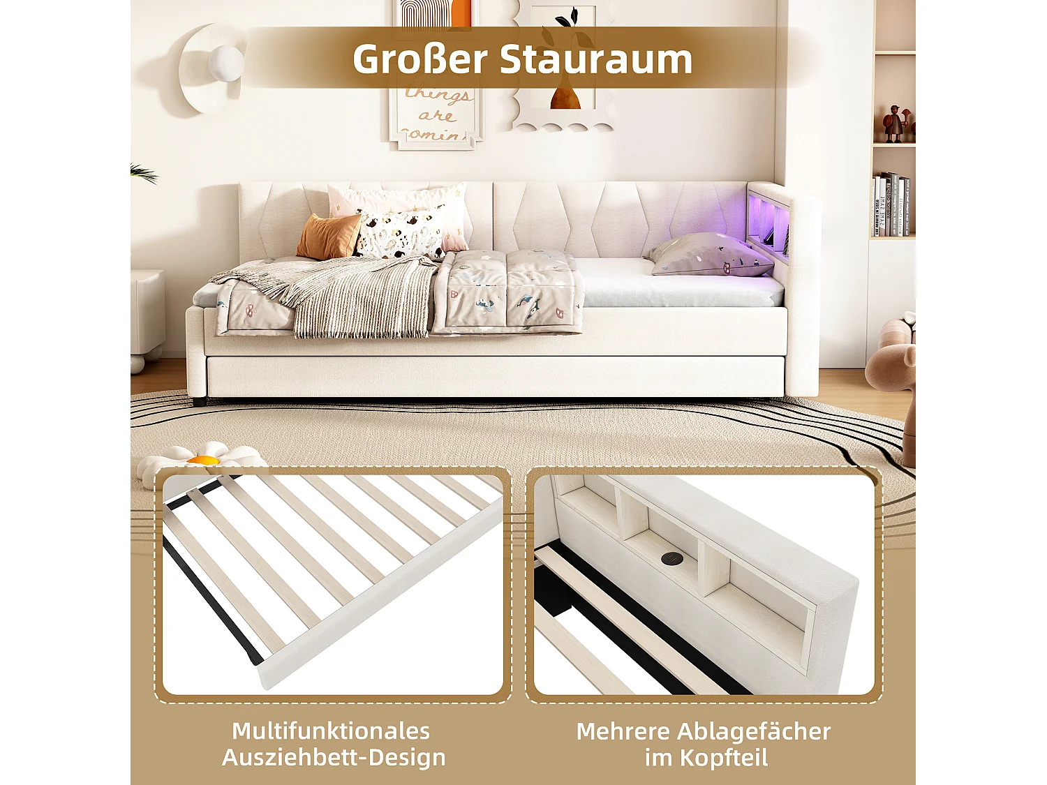 Sofá cama de lino beige de 90x200 cm con LED con mando a distancia, cajones, USB/Tipo C y cama extensible