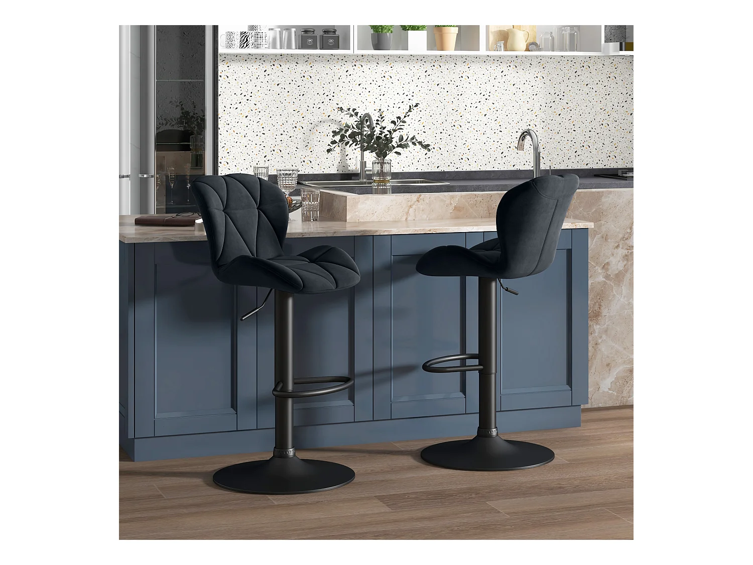 Bancos altos giratórios ajustáveis de 2 peças sem braços em veludo preto com encosto 51x57x114cm