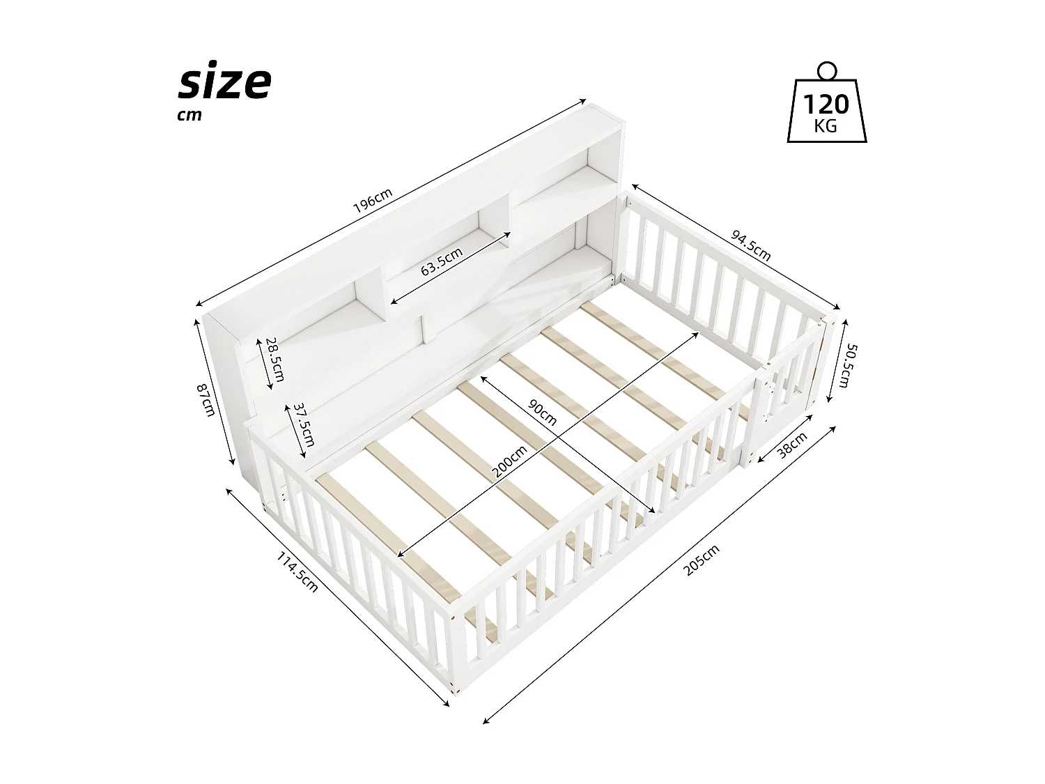 Divanetto illuminato per bambini 90x200 cm bois avec rangements et garde-corps blanc