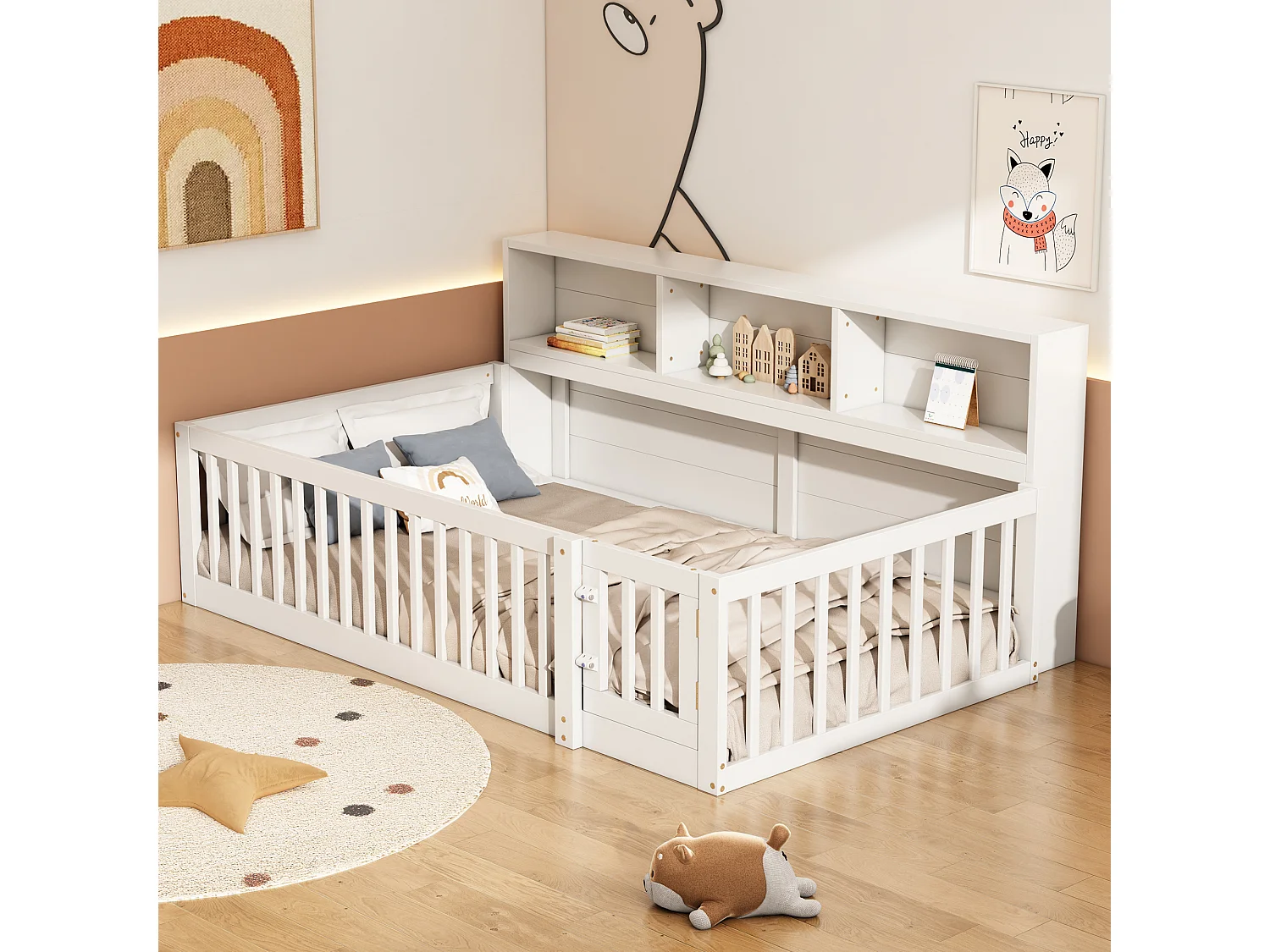 Divanetto illuminato per bambini 90x200 cm bois avec rangements et garde-corps blanc