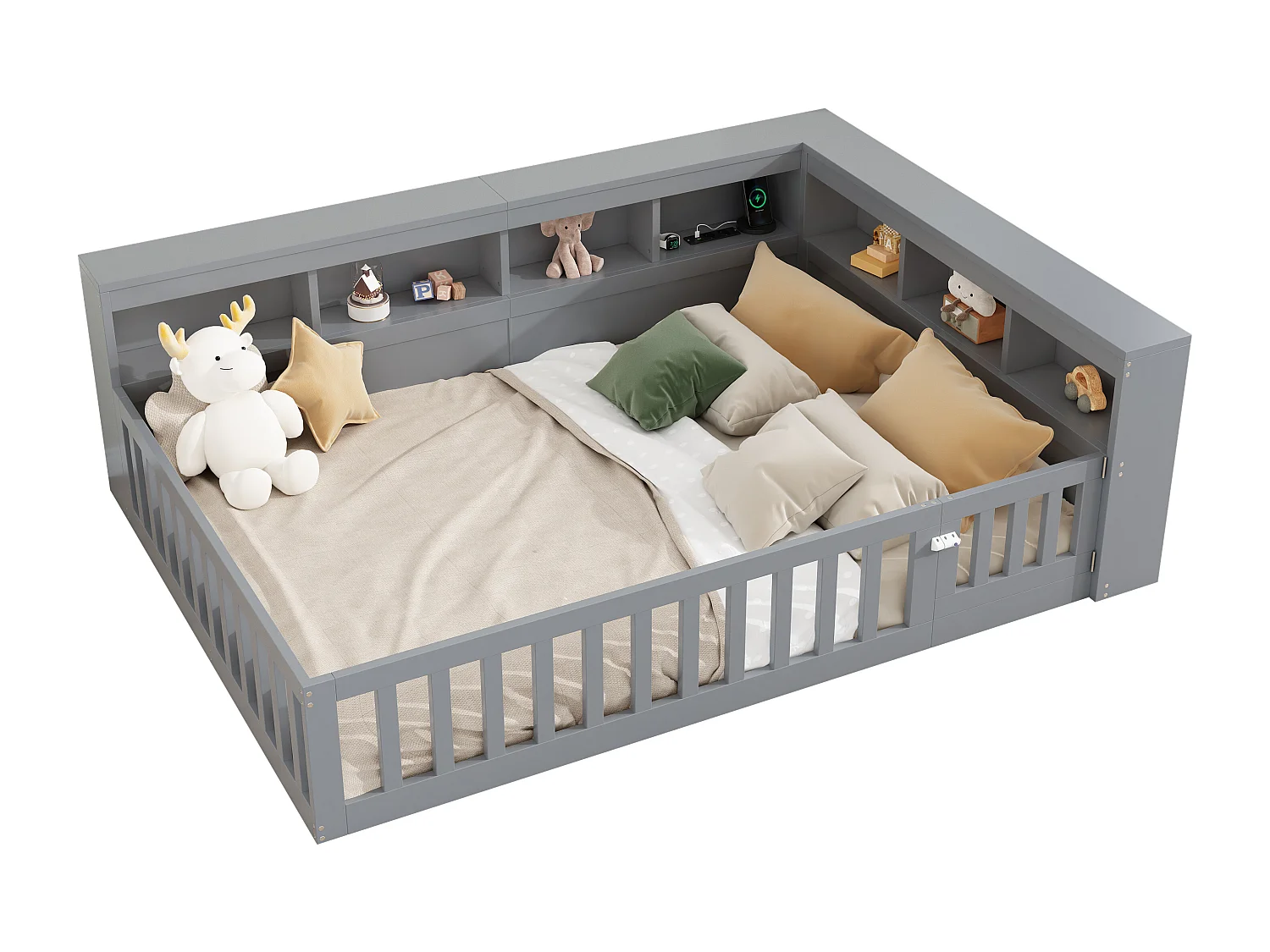 Panca illuminata 140x200 cm in MDF con disposizione laterale, cassetti, sommier, premio e USB, grigio