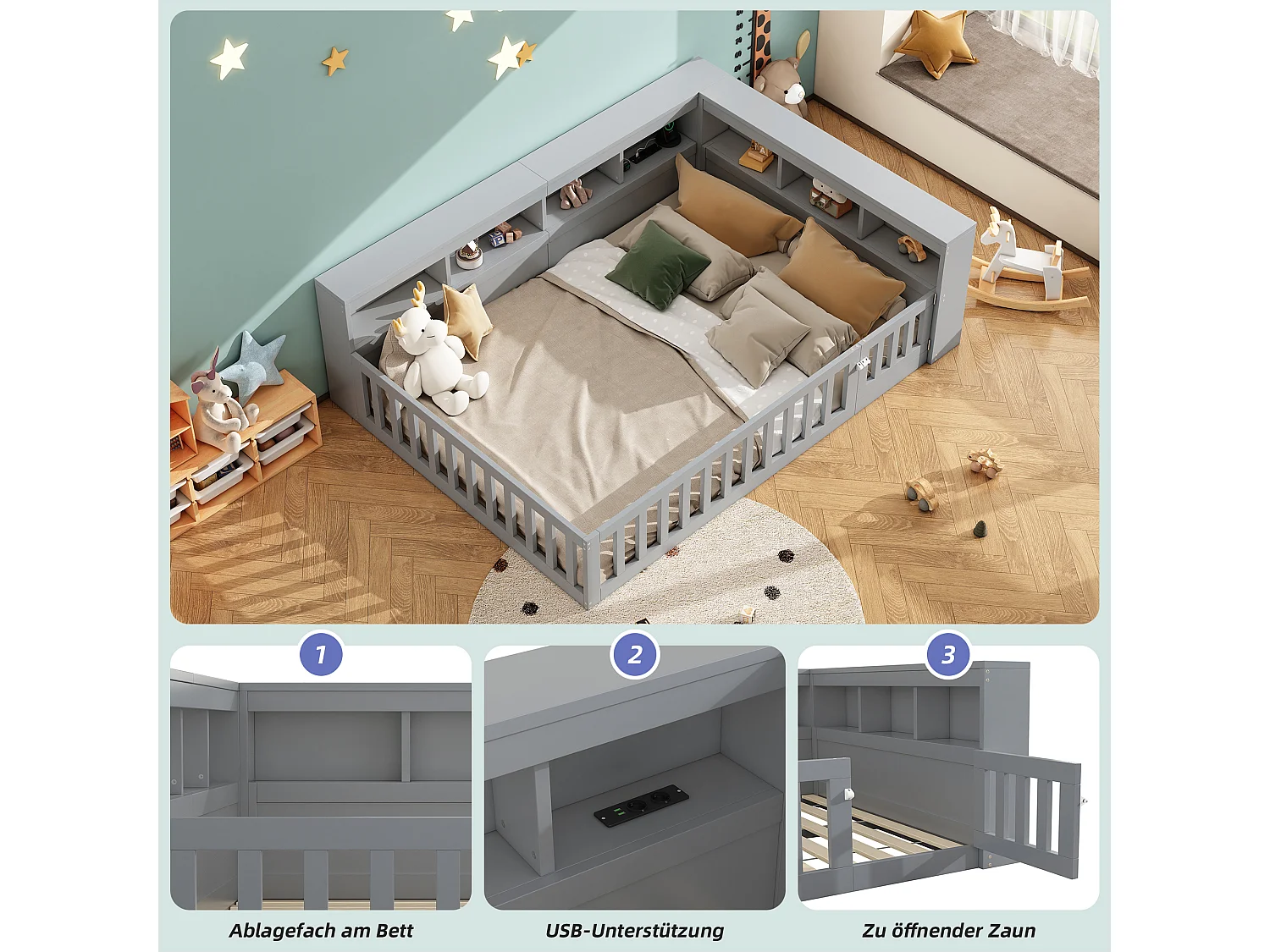 Panca illuminata 140x200 cm in MDF con disposizione laterale, cassetti, sommier, premio e USB, grigio