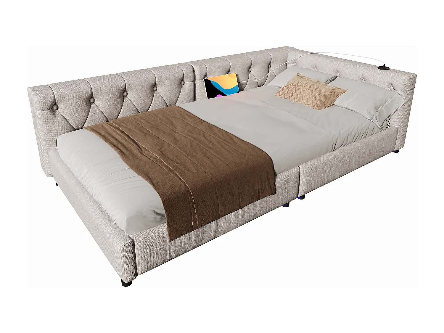 Sofá cama de lino beige de 90 x 200 cm con LED y puertos USB/Tipo C