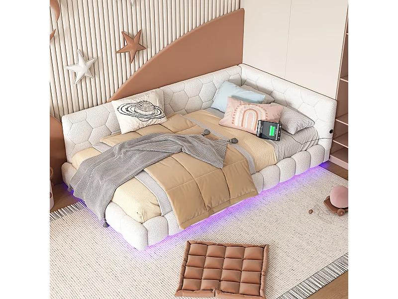 Sofá cama 90x200 cm blanco LED 16 colores con USB y funda de terciopelo Tipo-C