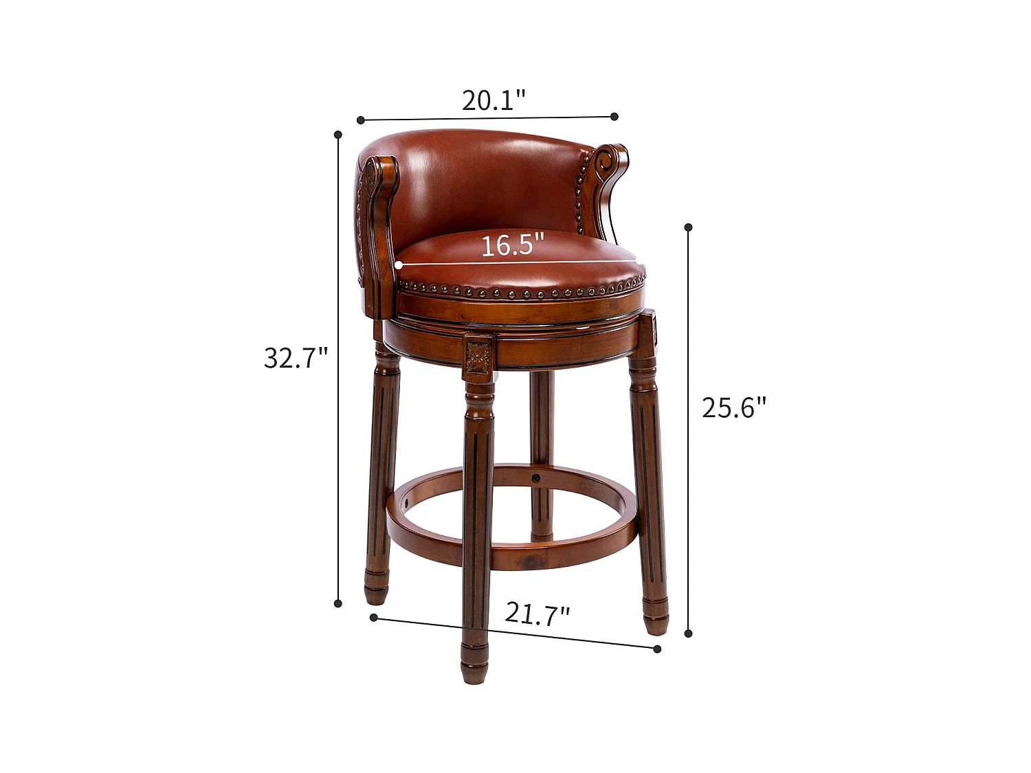 Taburete de bar de piel flor, madera maciza, giratorio 360°, respaldo cómodo, altura 66 cm, color marrón