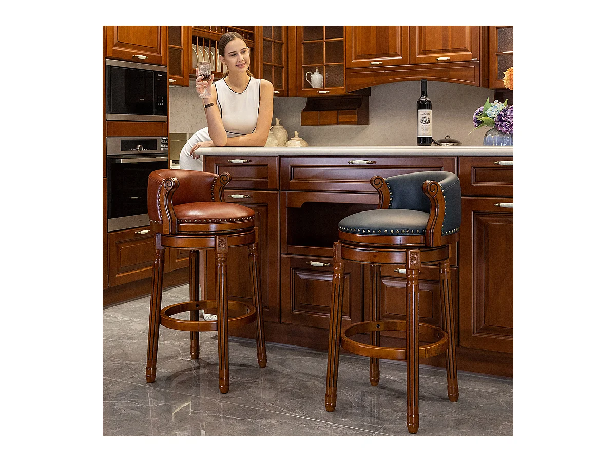 Taburete de bar de piel flor, madera maciza, giratorio 360°, respaldo cómodo, altura 66 cm, color marrón