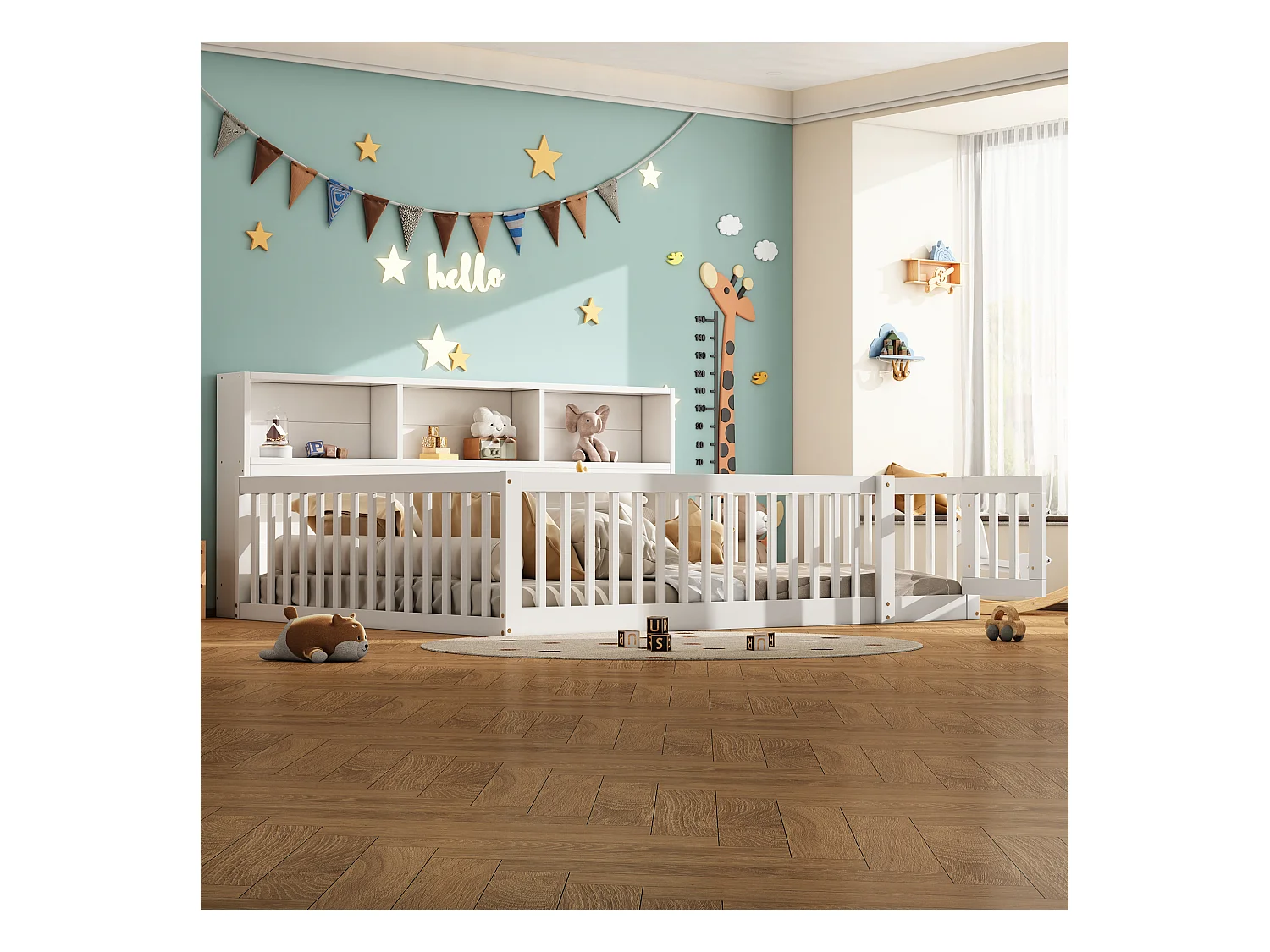 Sofá cama infantil 140x200 cm madera con almacenaje y barandilla blanca