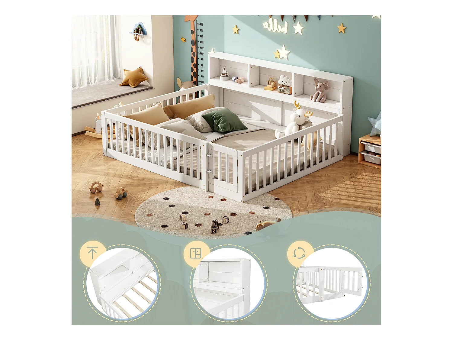 Sofá cama infantil 140x200 cm madera con almacenaje y barandilla blanca