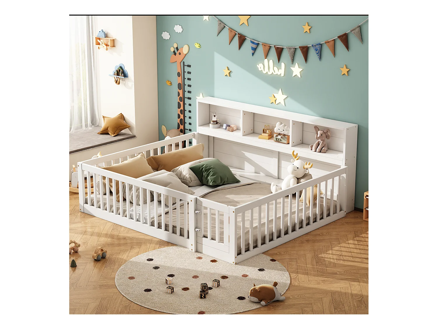 Sofá cama infantil 140x200 cm madera con almacenaje y barandilla blanca